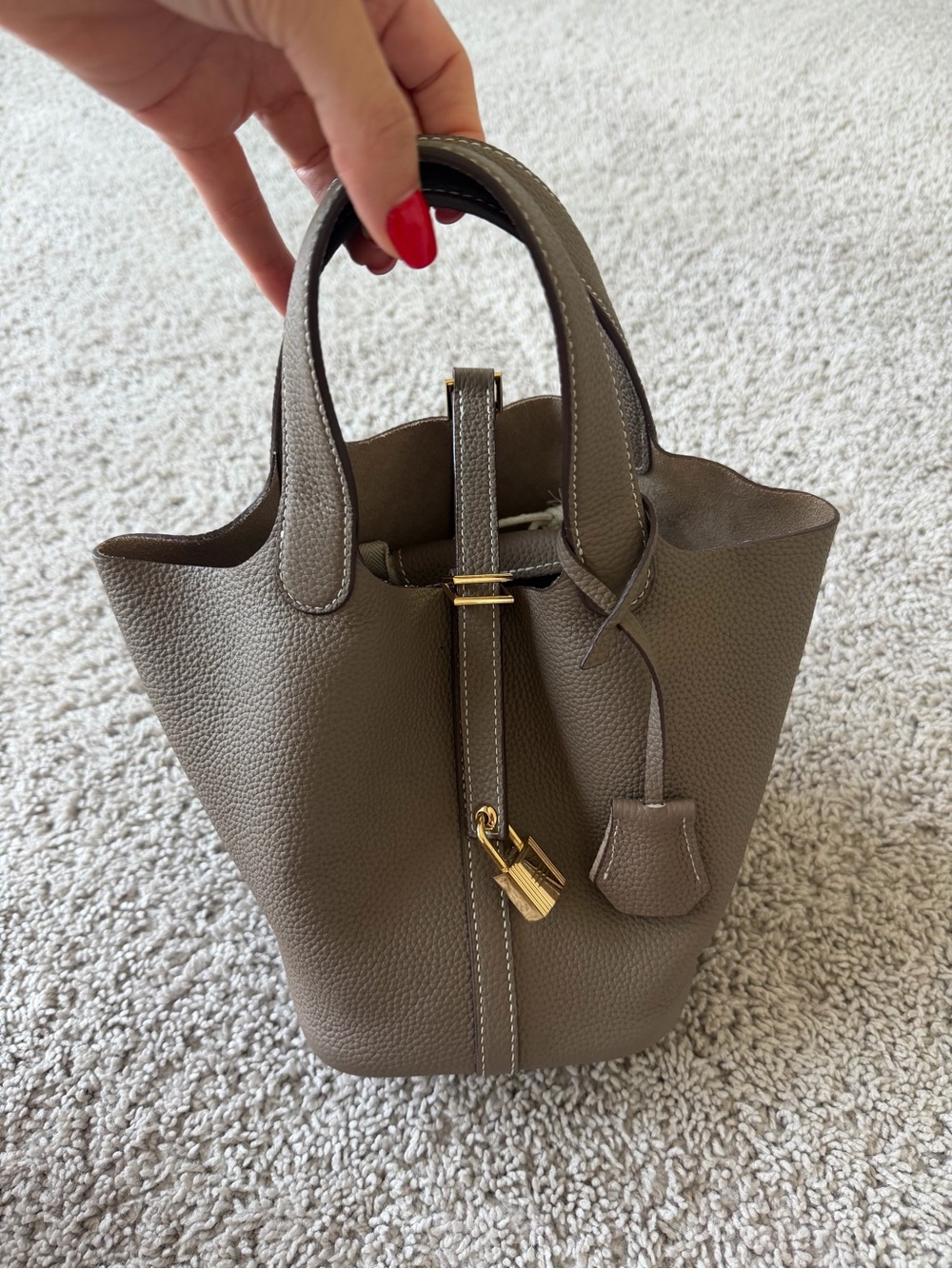 Genuine Leather Taupe Picotin Inspired Bucket Bag | Gold Hardware